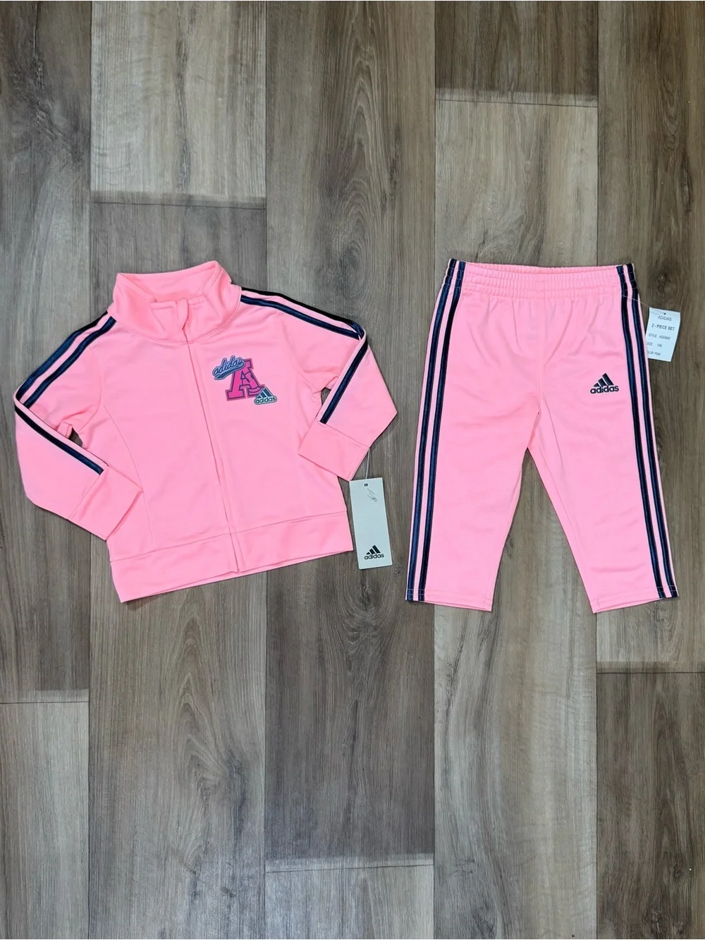 adidas Pink Girls 2-Piece Track Jacket and Pants with Navy Stripes